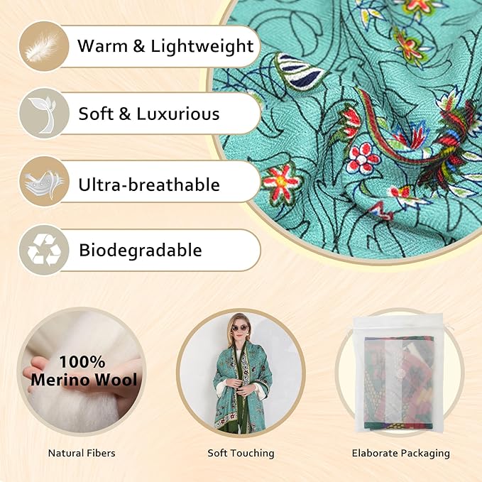 DANA XU 100% Merino Wool Pashmina Shawl for Women 96"x43", Oversized Cashmere Wrap with Tassels, Floral Travel Blanket Cape
