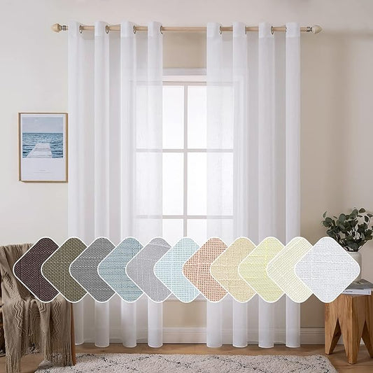 MIULEE Natural Linen Sheer Window Curtains - Elegant Solid White Drapes Grommet Top Voile Panels for Bedroom Living Room (52X90 Inch)