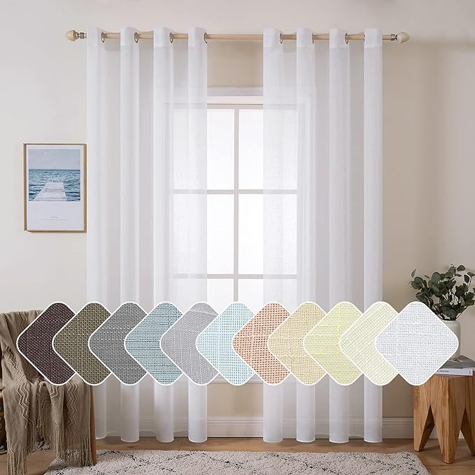 MIULEE Natural Linen Sheer Window Curtains - Elegant Solid White Drapes Grommet Top Voile Panels for Bedroom Living Room (52X96 Inch)