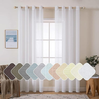 MIULEE Natural Linen Sheer Window Curtains - Elegant Solid White Drapes Grommet Top Voile Panels for Bedroom Living Room (52X96 Inch)