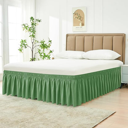 Biscaynebay Wrap Around Bed Skirts for Queen Beds 19" Long Drop, Sage Adjustable Elastic Dust Ruffles Easy Fit Wrinkle Resistant Silky Luxurious Fabric Machine Washable