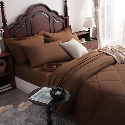 NTBAY King Comforter Set with Sheets, 7 Pieces Soft and Breathable King Bedding Set, Bed in a Bag, Down Alternative Comforter Set Solid Color All Season, King Bedding Set, Brown