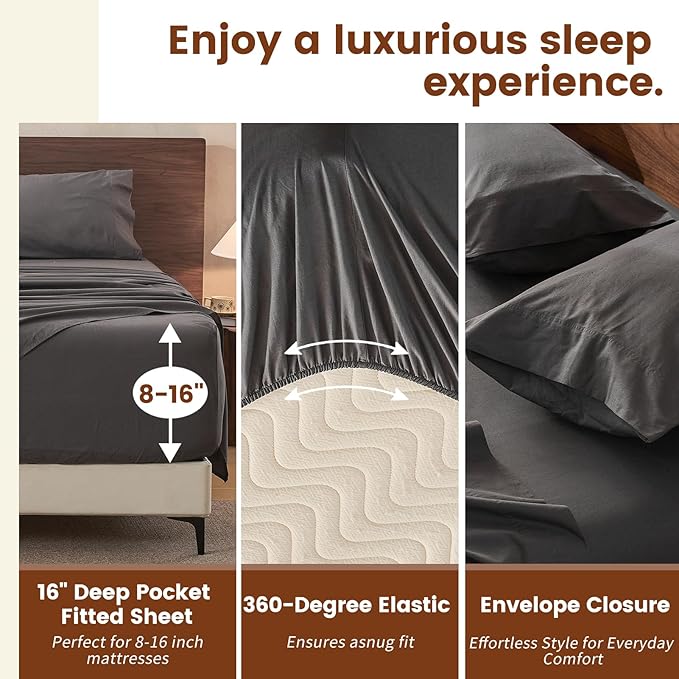 100% Linen Sheets Queen Size,Breathable & Durable 4-Piece Bed Flax Sheet Set,Soft All-Season Bedding for Hot Sleepers 16" Deep Pocket Oeko-TEX Certified,（Queen, Dark Grey）
