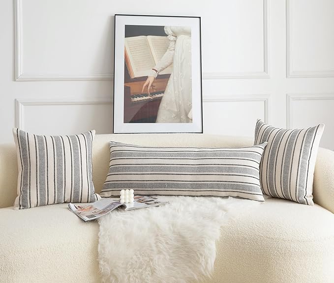 Decorative Boho Lumbar Pillow Covers, Modern Farmhouse Couch Pillowcase, 14 x 36 Long Accent Body Throw Pillow Covers, Sofa Bed Living Room Decor Cushion Case, Black and Beige, Pack of 1