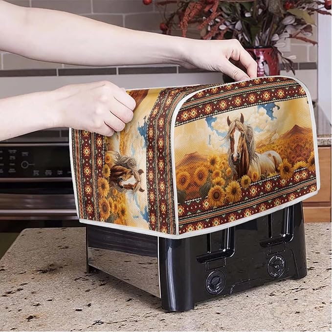 Aztec Horse Sunflower Printed Oven Cover Toaster Cover for Home, Tribal Horse Printed Toaster Cover Dirt and Fingerprint Protection, 4 Slice Toaster Oven Cover Kitchen Accessories