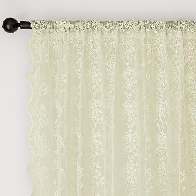 Anmao Vintage Lace Curtains 96 Inches Long 2 Panels Set, Romantic Elegant Light Filtering Semi Sheer Floral Thick Lacy Curtain Drapes for Living Room and Bedroom, Each Panel 55W x 96L, Cream Yellow