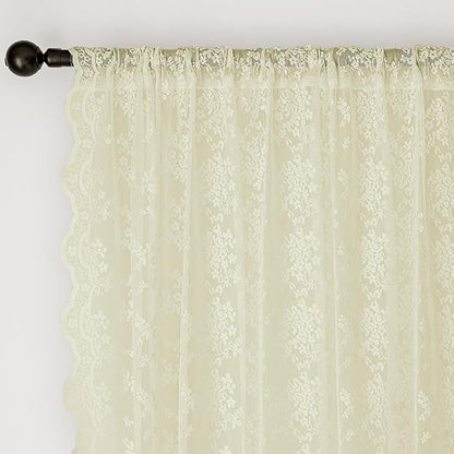 Anmao Vintage Lace Curtains 102 Inches Long 2 Panels Set, Romantic Elegant Light Filtering Semi Sheer Floral Thick Lacy Curtain Drapes for Living Room and Bedroom, Each Panel 55W x 102L, Cream Yellow