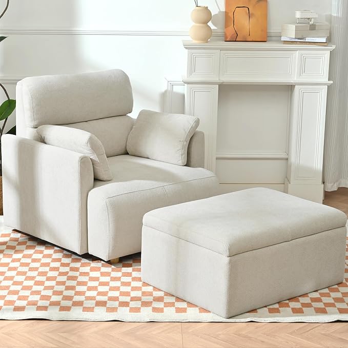 Modern Oversized Accent Chair with Storage Ottoman & Side Pillows, Snowflake Fleece Upholstered Chaise Lounge Chair, Deep Seat Reading Chair for Living Room, 350lbs Capacity