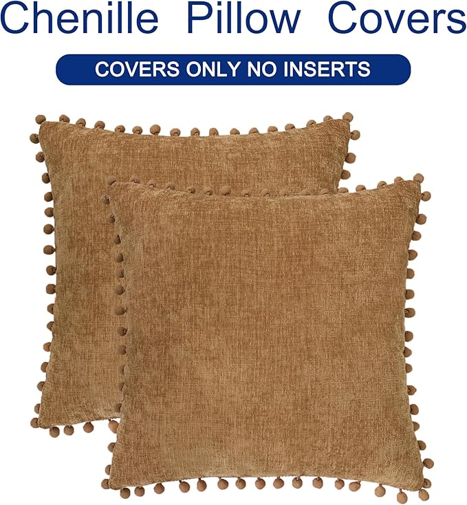 CaliTime Throw Pillow Covers Decorative 20 X 20 Inches Pack of 2 Cozy Solid Dyed Soft Chenille Cushion Cases with Pom Poms for Couch Sofa Bed Living Room Home Apricot Brown