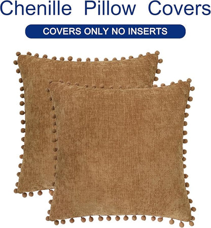 CaliTime Throw Pillow Covers Decorative 20 X 20 Inches Pack of 2 Cozy Solid Dyed Soft Chenille Cushion Cases with Pom Poms for Couch Sofa Bed Living Room Home Apricot Brown
