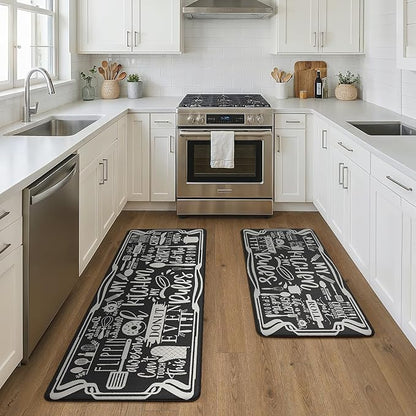 GENIMO Anti Fatigue Kitchen Mats for Floor, Non Slip Washable Kitchen Rules Theme Rugs sets of 2, Farmhouse Cushioned Waterproof Comfort Runner Rug for Kitchen, Sink, Laundry, 17"x 47"+17"x 30", Black