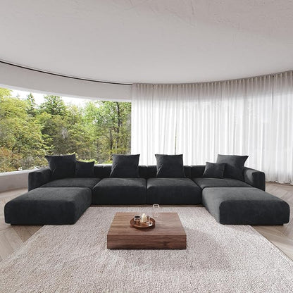 JACH 181" Oversized Modular Sectional Sofa, U-Shaped Deep 4-Seats Sectional Couch with Chaise Ottomans, Huge Plus Convertible Soft Sofas, Corduroy Minimalist Couches for Living Room, Apartment, Black