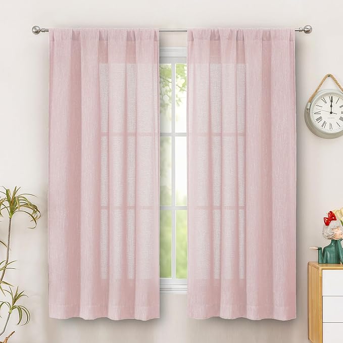 Simplebrand Blush Faux Linen Textured Curtains 63 Inch Length 2 Panels for Bedroom, Semi Sheer Light Filtering Privacy Farmhouse Curtains, Soft Thick Rod Pocket Window Drapes, 40W x 63L Inch