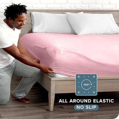 Bare Home Fitted Bottom Sheet Queen Size - Premium 1800 Microfiber - Ultra-Soft Hotel Luxury - Deep Pocket - Durable and Long Lasting - Fitted Sheet (Queen, Light Pink)