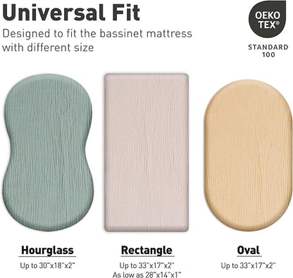 Muslin Bassinet Fitted Sheets, 2 Pack for Baby Boy and Girl, Soft Breathable Stretchy Baby Pad/Mattress Sheet Set, Universal Fit for Hourglass Oval and Rectangle Bassinet Mattress (Elegant Colors)