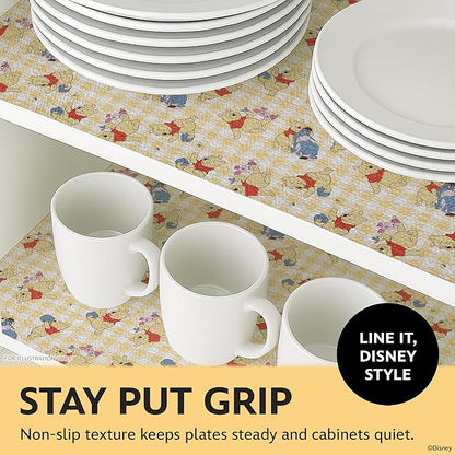 Disney Non Adhesive Shelf Liner – 18”x 10 ft Water-Resistant Drawer Liners for Kitchen Cabinets, Pantry, Fridge & Dressers – Easy Cut Cabinet Liner Roll- Mickey Mouse, Stitch & Winnie The Pooh