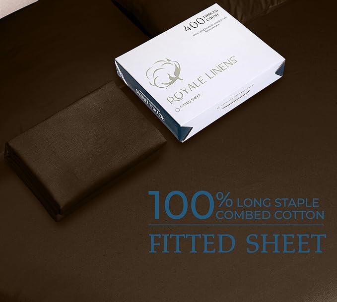 Royale Linens 400 Thread Count 100% American Grown Cotton Fitted Sheet Queen Size - All Around Elastic Fitted Sheet - Luxury Sateen Weave - Snug Fit Bottom Sheets Fit Up to 16" (Queen,Hazel Nut)