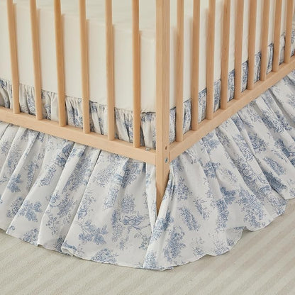 Brandream French Country Toile Floral Print Cotton Crib Skirt Toddler Bedskirt Baby Nursery Crib Bed Skirt Boho Bohemian Neutral Blue Farmhouse Chic Ruffles Skirt