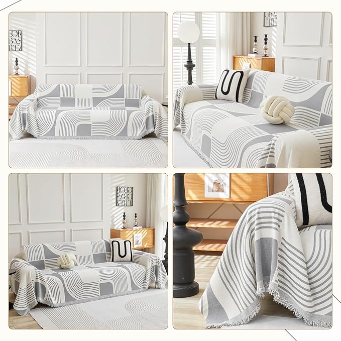 Boho Couch Cover Sofa Covers Washable, Chenille Couch Covers for 3 Cushion Couch Sofa Pet Friendly, Bohemian Sofa Slipcovers for Sectional Sofa, Loveseat, 2 3 4 Seater (91" x 150", Grey)