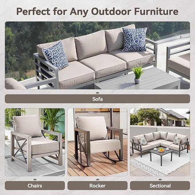Luxury 6" Outdoor Cushions for Patio Furniture, 24x24x6" Thick Seat Cushion Set of 3, Fade Resistant Couch Chair Replacement Cushions High Density Deep Wicker Chair Cushion w/ Removable Cover, Beige