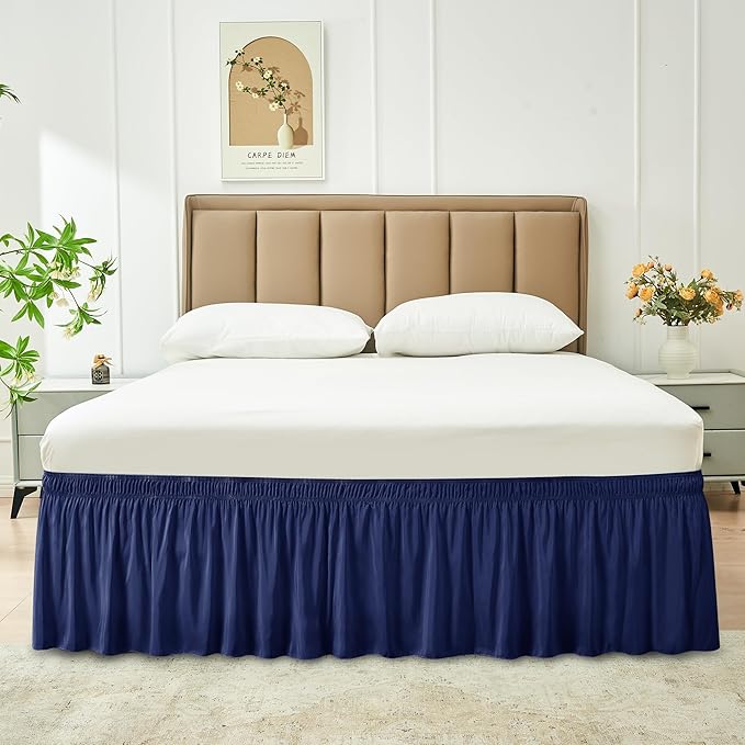 Biscaynebay Wrap Around Bed Skirts for Queen Beds 16" Drop, Navy Adjustable Elastic Dust Ruffles Easy Fit Wrinkle & Fade Resistant Silky Luxurious Fabric Solid Machine Washable