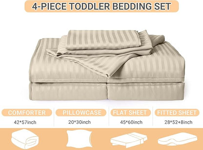 ZPECC Toddler Bedding Set - 4 Piece Hypoallergenic Baby Crib Bedding Set for Boys and Girls, Includes Toddler Comforter, Flat Sheet, Fitted Sheet and Pillowcase, Cream Stripe