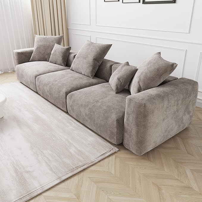 JACH 142" Sectional Couch Sofa with 5 Pillows, Corduroy Modular Sectional Couch, Cushion Covers Removable, Soft Sofas Couches for Living Room, Office, Apartment, Light Brown