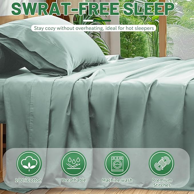 Extra Deep Pocket Queen Sheets 18-24 Inch 100% Egyptian Cotton 1000 Thread Count Sateen Weave Soft Breathable 4 Pieces（Queen,Sage Green）