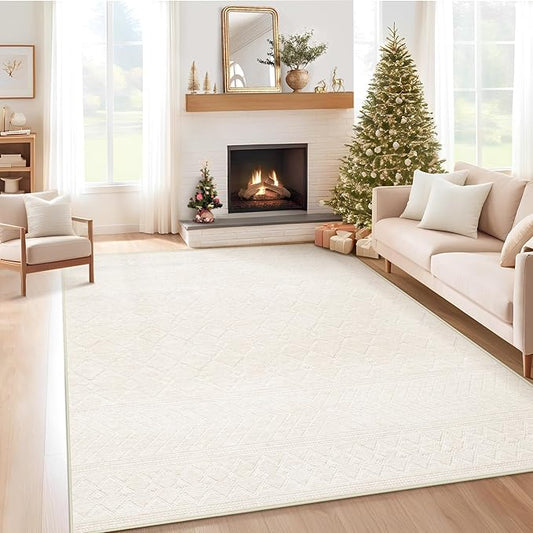 5x7 Area Rug Living Room: Washable Boho Geometric Moroccan Rug Neutral Modern Farmhouse Indoor Soft Non Slip Ultra Thin Printed Pattern Carpet for Dining Room Bedroom Nursery Home (Beige, 5'x7')