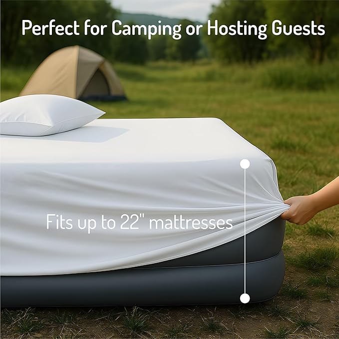 Degrees of Comfort Full Size Sheet Set for Air Mattress – Extra Deep Pocket up to 22”, 4-Piece Bedding Sets with Dual Side Storage Pockets, Breathable & Soft, Wrinkle-Free, White