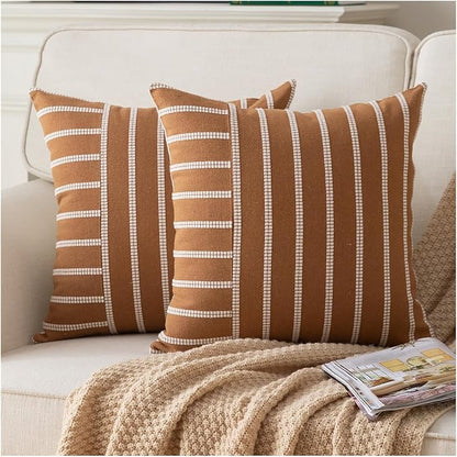 Caflife Boho Throw Pillow Covers 20x20 Set of 2 Soft Farmhouse Decorative Couch Pillow Cases Brown Striped Pillow Covers Neutral Cushion Covers for Sofa Bed Living Room Home Decor