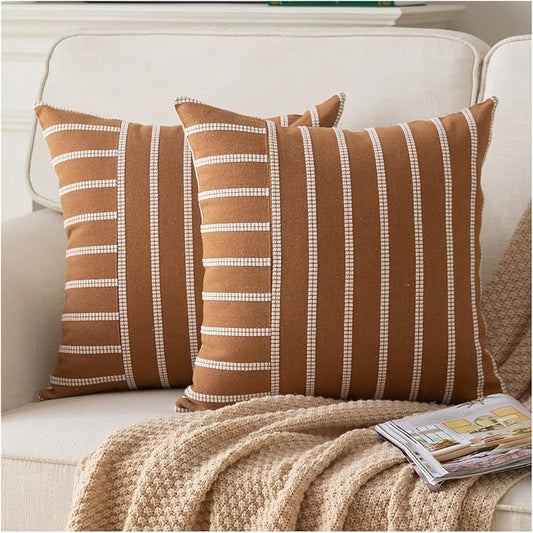 Caflife Boho Throw Pillow Covers 20x20 Set of 2 Soft Farmhouse Decorative Couch Pillow Cases Brown Striped Pillow Covers Neutral Cushion Covers for Sofa Bed Living Room Home Decor