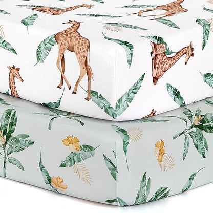 BROLEX 2 Pack Mini Crib Sheets, Stretchy Portable Fitted Playard Sheet Set, Convertible Playard Mattress Cover, Ultra Soft Breathable Material, Giraffe Leaf