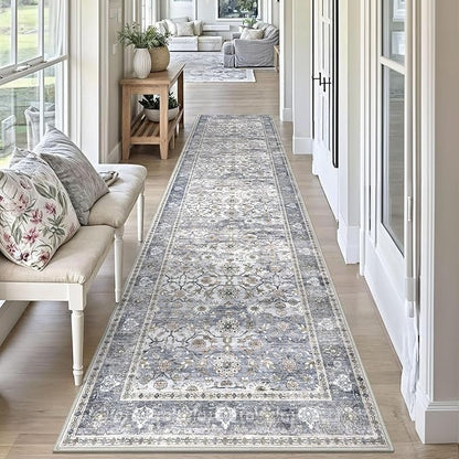 KUTA Vintage Washable Runner Rug, 2.6x10 Grey Blue Runners for Hallways Non-Slip Kitchen Rugs Ultra Thin Soft Printed Distressed Oriental Floral Floor Carpet for Laundry Bedroom Living Room Nursery