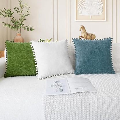 CaliTime Throw Pillow Covers Decorative 20 X 12 Inches Pack of 2 Cozy Solid Dyed Soft Chenille Cushion Cases with Pom Poms for Couch Sofa Bed Living Room Home True White