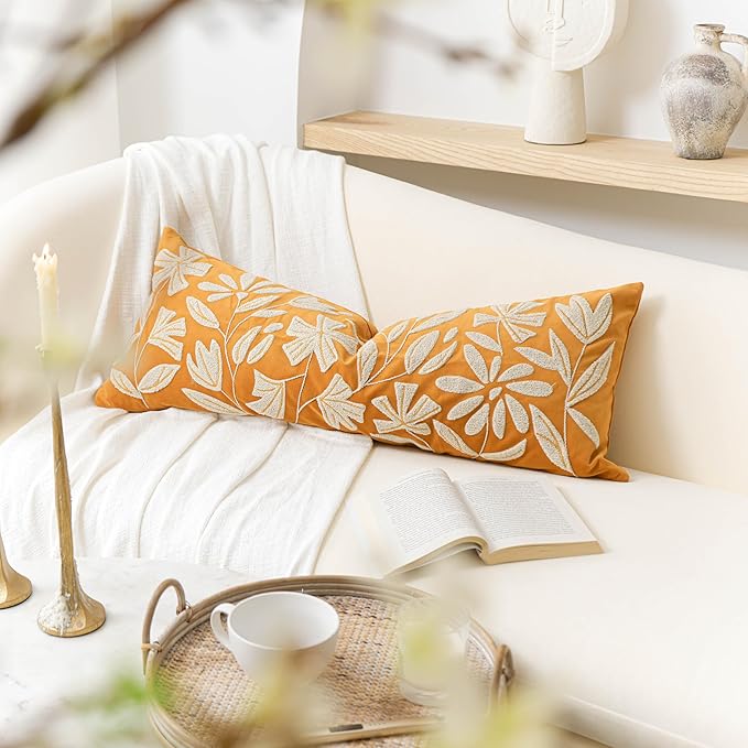 BlissBlush Fall Throw Pillow Cover 14x36 Long Body Lumbar Throw Pillow for Bed, Yellow Mustard Soft Velvet Accent Farmhouse Lumbar Throw Pillowcase for Bedroom Sofa Couch Home Décor