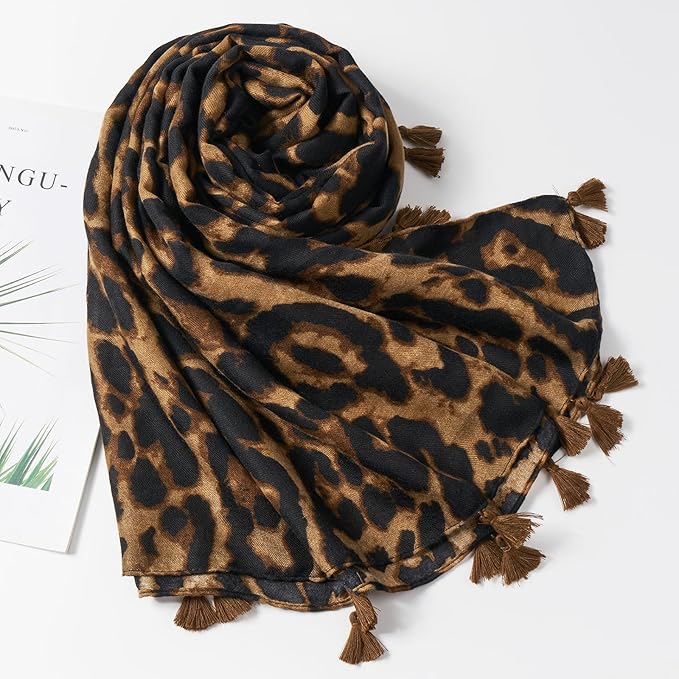 Scarf for Women Lightweight Soft Floral Leopard Printed Scarves Fall Winter Fashion Shawl Wrap with Fringe
