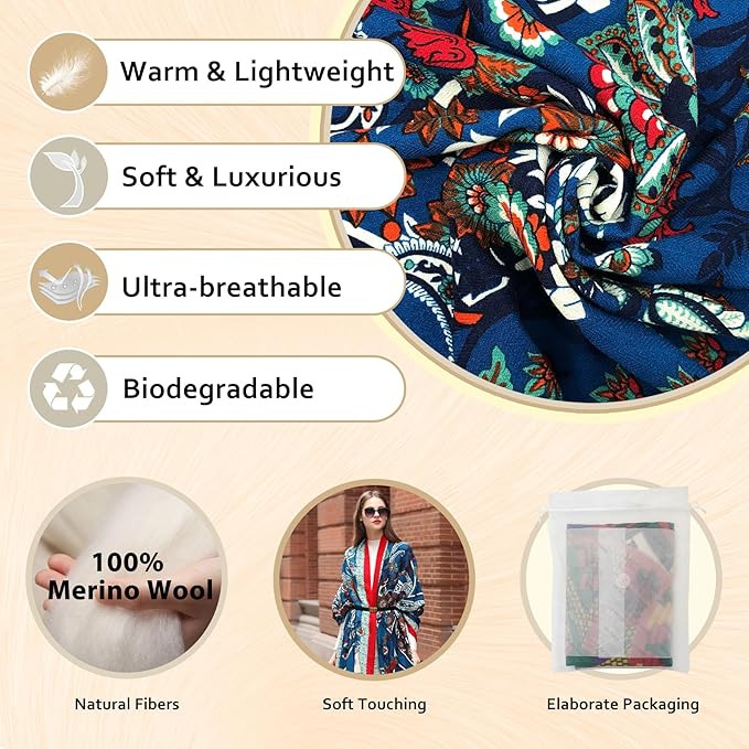 DANA XU 100% Merino Wool Extra Large Pashmina Blanket Travel Scarf Cashmere Wrap for Women Fall Winter Oversize Shawl Floral