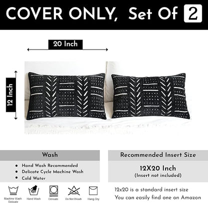 BlissBlush Black Decorative Lumbar Throw Pillow Covers 12X20, Set of 2, Boho Farmhouse Cushion Cover, Soft Accent Pillowcase for Couch Sofa Bed Living Room Home Décor
