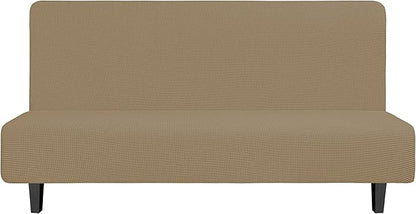 Easy-Going Stretch Futon Slipcover Armless Futon Bed Cover Furniture Protector Without Armrests with Elastic Bottom for Kids, Soft Jacquard Fabric Small Checks (Large, Tan)