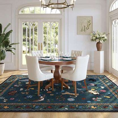 Rugcomf Living Room Rug 5x7 Rug Machine Washable Boho Area Rug Non Slip Floral Animal Cat Vintage Low Pile Large Rugs for Living Room Bedroom Farmhouse Dining Room Kids Playroom, Pearl Gentian Blue