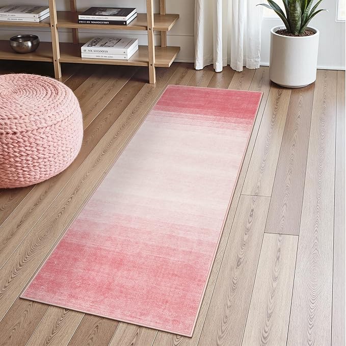 Wonnitar Washable Pink Rug Runners 2x6, Modern Ombre Bathroom Runner Rug, Contemporary Non-Slip Hallway Runner, Gradient Bedroom Girls Carpet Runner for Laundry Room Bath (Pink, 2'x6')