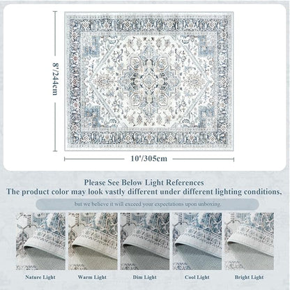 LIVEBOX Washable Area Rug 8x10 - Large Blue Vintage Tribal Living Room Rug Oriental for Bedroom, Non-Slip Retro Medallion Carpet Print Distressed for Dining Room Guest Office