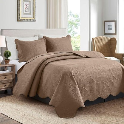 IR Imperial Rooms King Quilt Bedding Set Size (106" x 96") + 2 Pillow Shams (20" x 36"+ 2") - 3 Pcs All Season Lightweight Reversible Microfiber Coverlet Floral Embossed Quilt Bedspread (Beige)