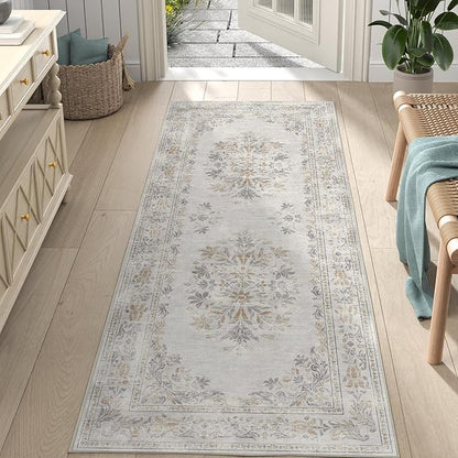 jinchan Vintage Floral Runner Rug 2x6 - Machine Washable Distressed Design Non-Slip Low-Pile Soft Thin Carpet for Hallway Kitchen Farmhouse Bedroom Entryway Laundry Room (2x6ft, Light Grey)