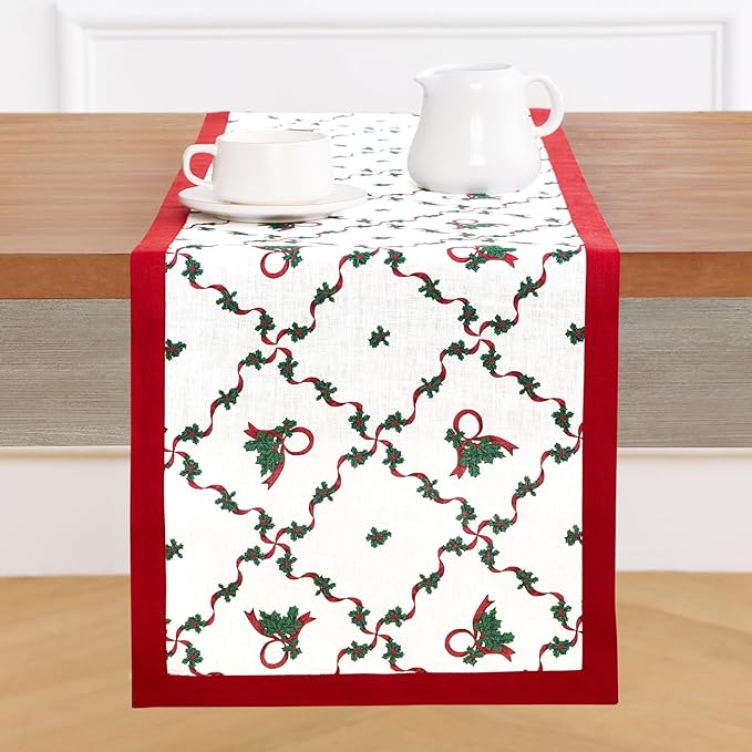 Solino Home 100% Pure Linen Christmas Table Runner 90 Inches Long - Red and Green Table Runner 14 x 90 Inch - Handcrafted and Machine Washable - Holly Ribbon Print
