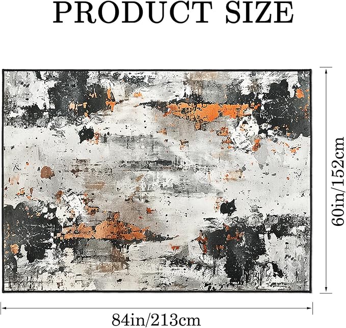 9CH Abstract Distressed Design Area Rug 7' X 5' Grey & Orange Boho Chic Faux Wool Rugs Soft Non-Slip Low Pile Floor Carpets for Bedroom Living Room Dining Room