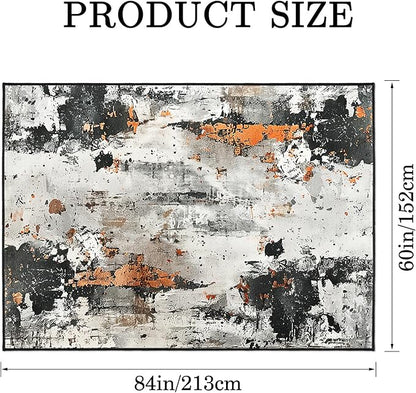 9CH Abstract Distressed Design Area Rug 7' X 5' Grey & Orange Boho Chic Faux Wool Rugs Soft Non-Slip Low Pile Floor Carpets for Bedroom Living Room Dining Room