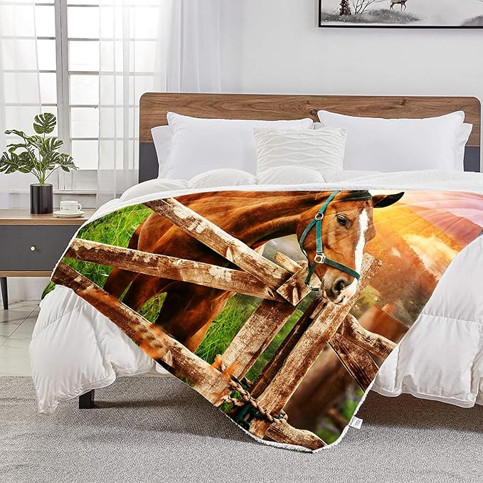 3D Horse Throw Blanket for Couch, Super Soft Fuzzy Throws Warm Comfortable Plush Fleece Blanket, Fashion Decorative Flannel Fleece Blanket for All Season(50 x 60 in, Horse & Pasture)