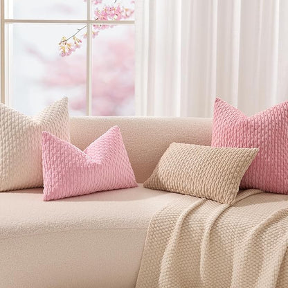 Kevin Textile Valentines Day 14x24 Inch Pillow Cover 1 Pack Boho Decorative Soft Striped Corduroy Lumbar Farmhouse Accent Rectangle Cushion Case for Living Room Couch Sofa Bed, Pink